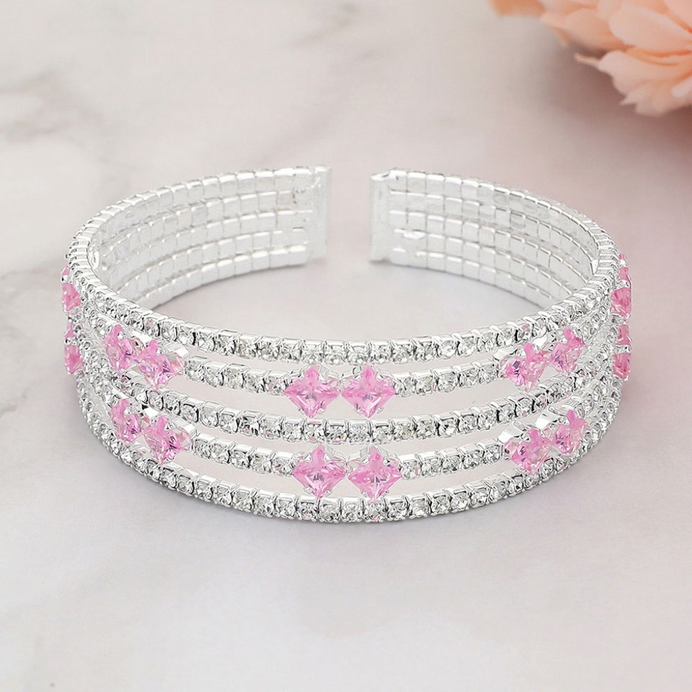 Silver Pink Square Cut CZ Stone Style Layered Evening Cuff Bracelet